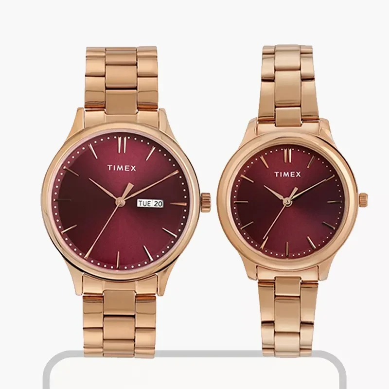 Timex Burgundy Dial Rose Gold-tone Couple Watch- TW00ZP005